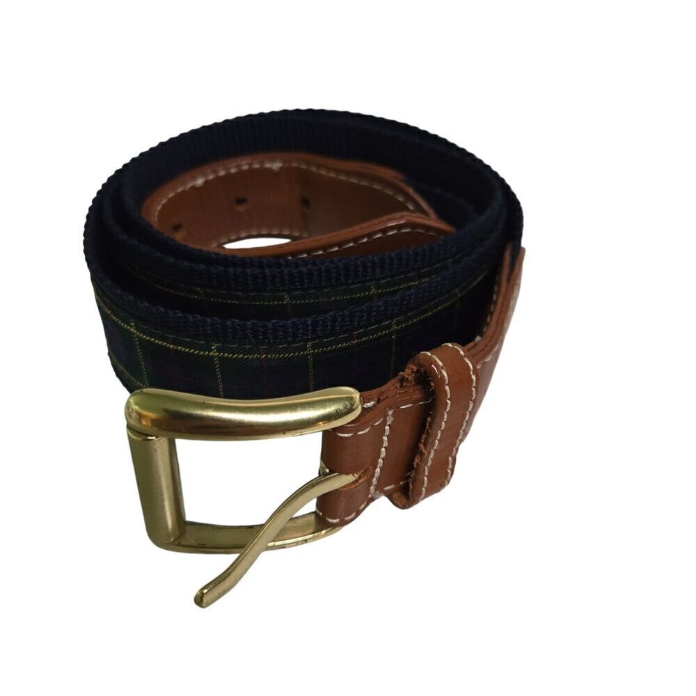 L.L. Bean Green Plaid Brown Leather Men's Belt Navy Trim Brass Buckle Size 45